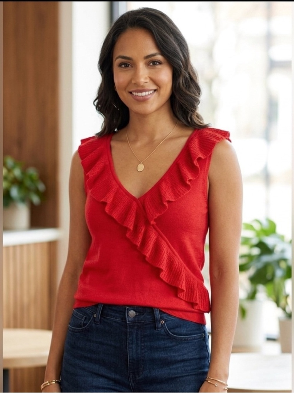 American Living Ruffle Tank Top Red Holiday Office Casual Sz Large Blouse